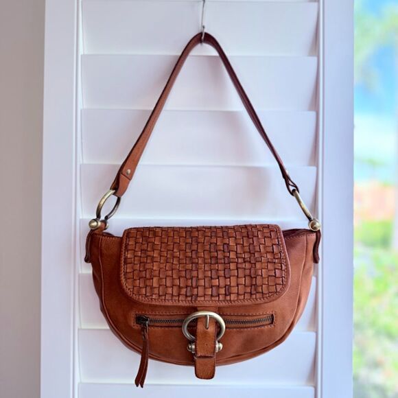 Marta Ponti Cognac Brown Leather Basketweave Satchel Handbag with Brass Hardware - Picture 4 of 16